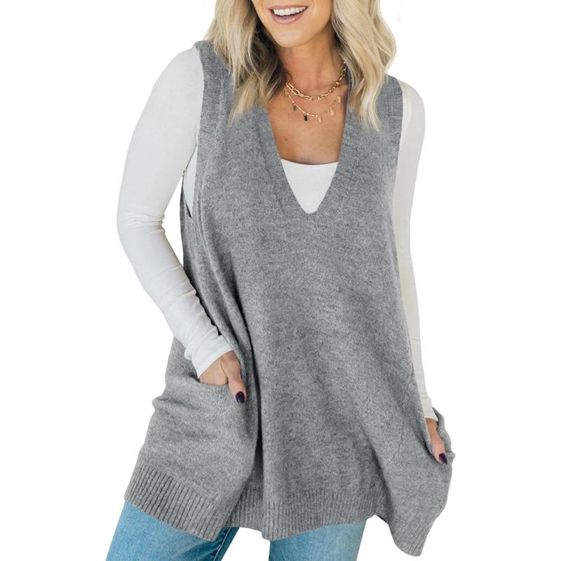 AMBER™ - Casual Sleeveless V Neck Tunic Knit Vest with Side Pockets
