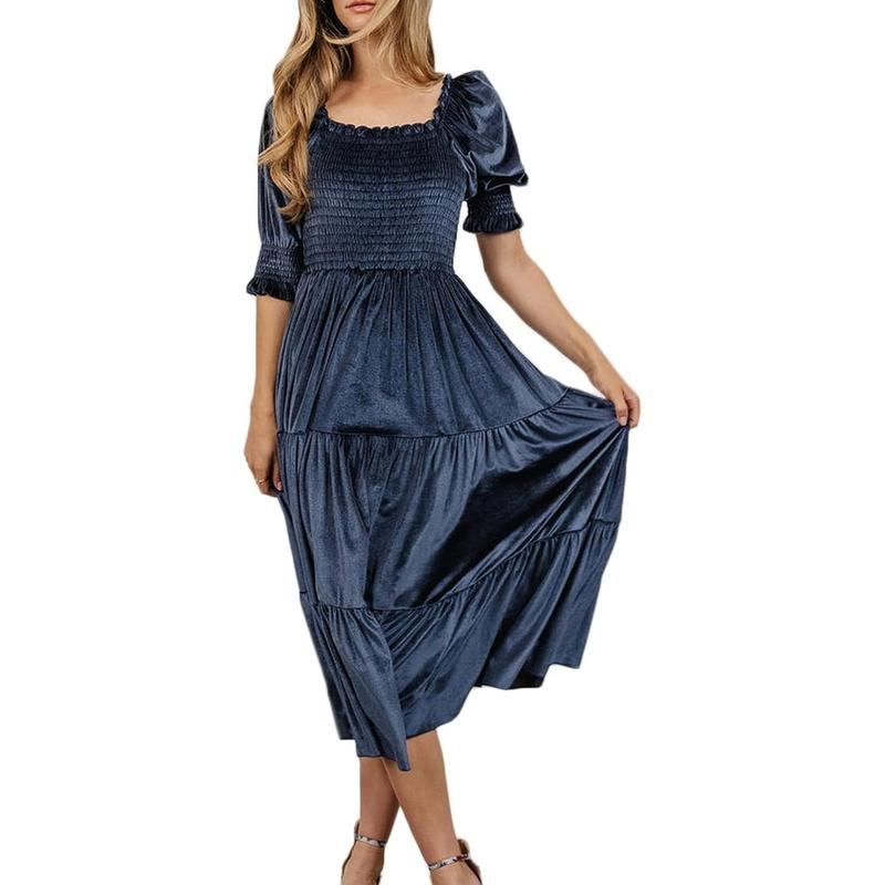 AUDREY | Puff Sleeve A-Line Velvet Midi Dress