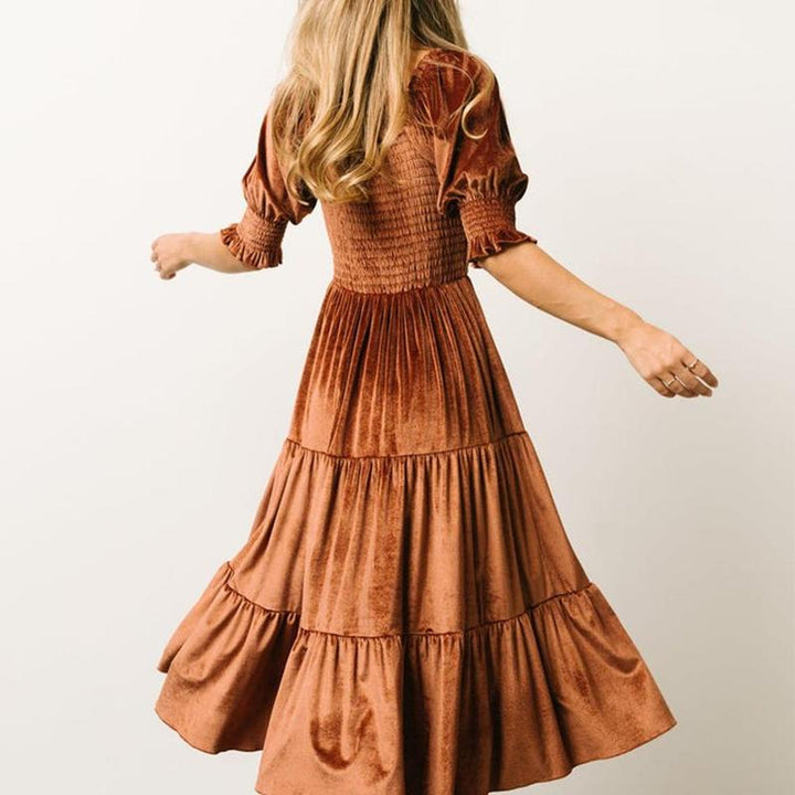 AUDREY | Puff Sleeve A-Line Velvet Midi Dress