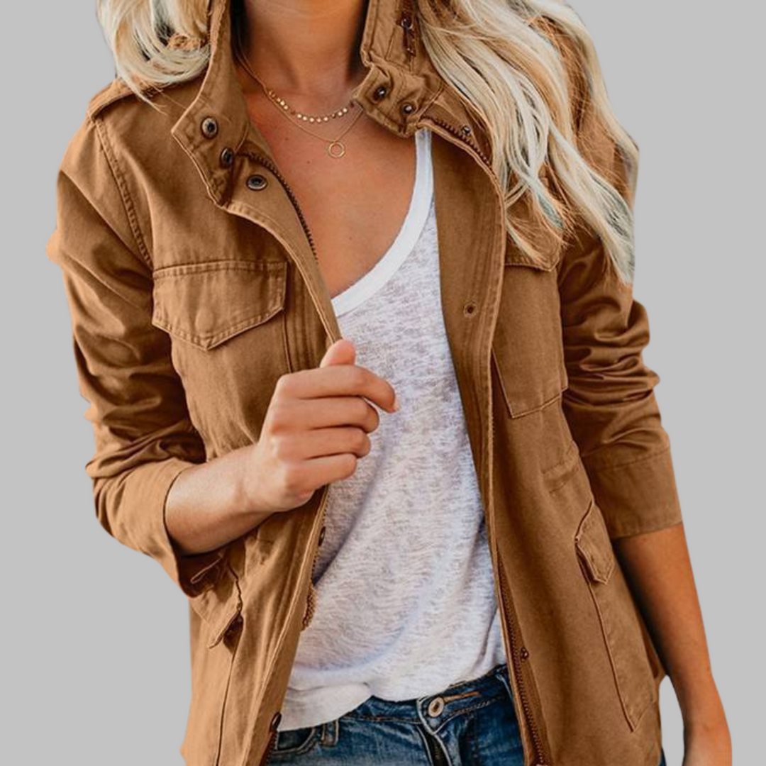 RHODA™ - Vintage Zip Up Button Military Jacket