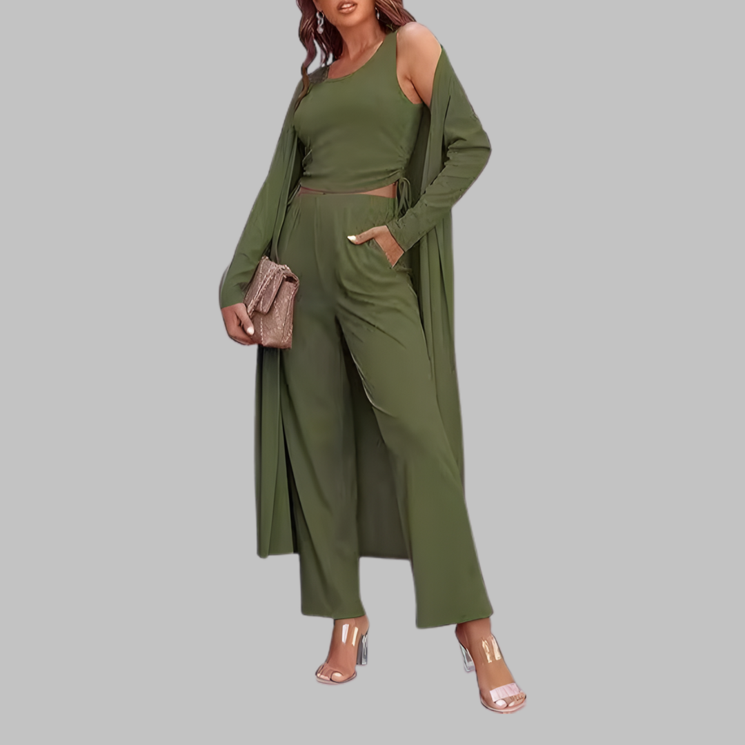 SANORA™ - Casual Lightweight Three Piece Long Cardigan Drawstring Top and Pants Sleepwear