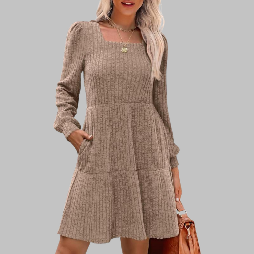 ULAN | Square Neck Ribbed Knit Dress