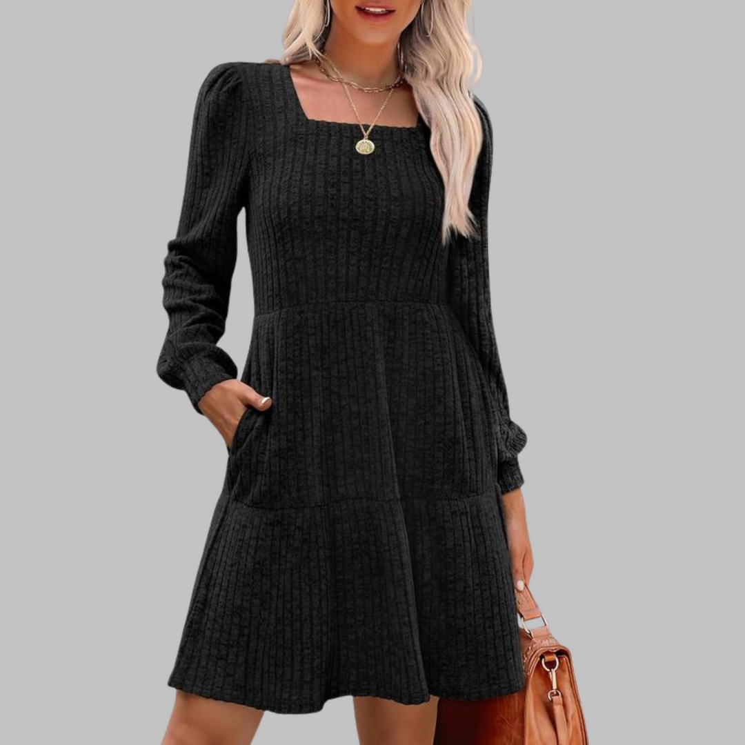 ULAN | Square Neck Ribbed Knit Dress