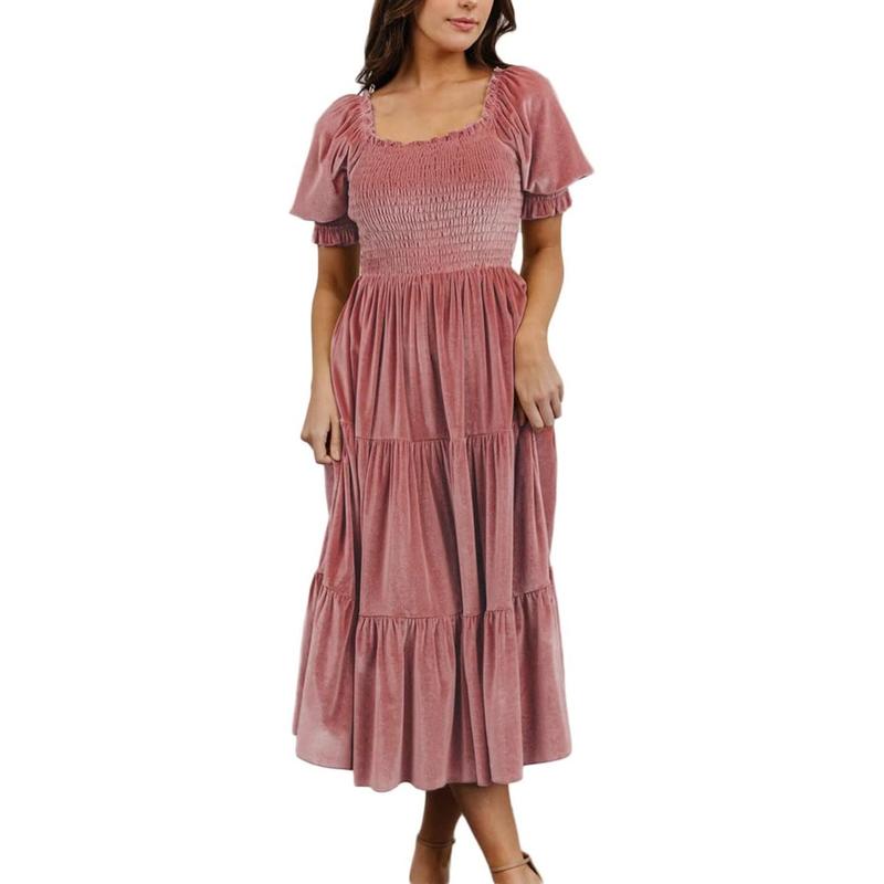 AUDREY | Puff Sleeve A-Line Velvet Midi Dress