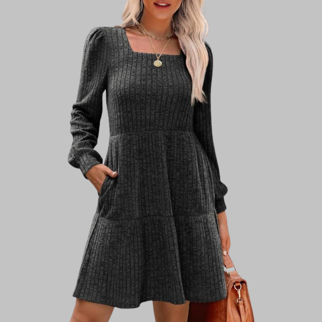 ULAN | Square Neck Ribbed Knit Dress