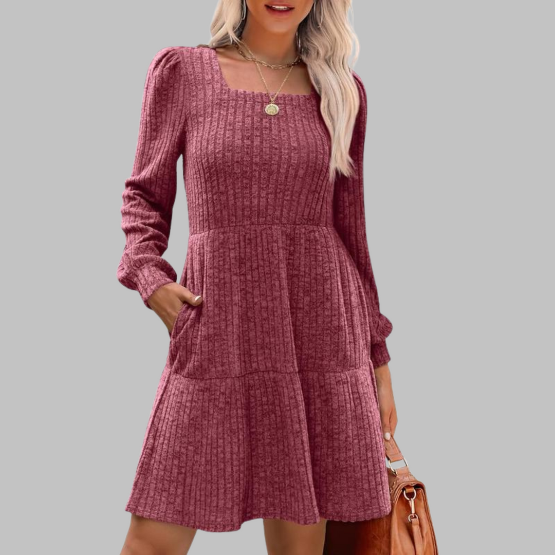 ULAN | Square Neck Ribbed Knit Dress