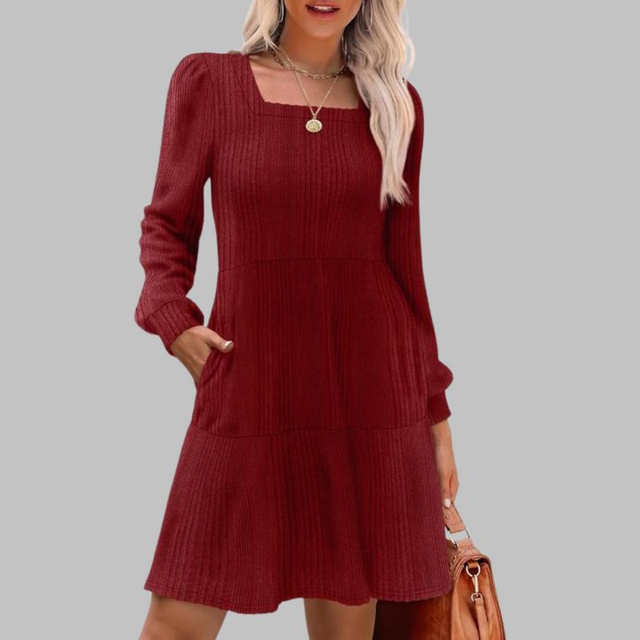 ULAN | Square Neck Ribbed Knit Dress