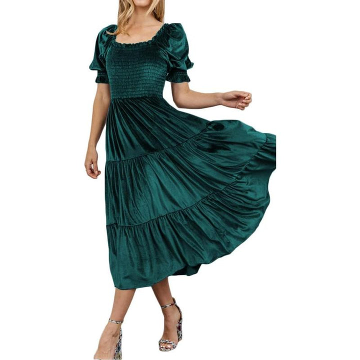 AUDREY | Puff Sleeve A-Line Velvet Midi Dress