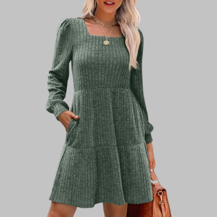 ULAN | Square Neck Ribbed Knit Dress