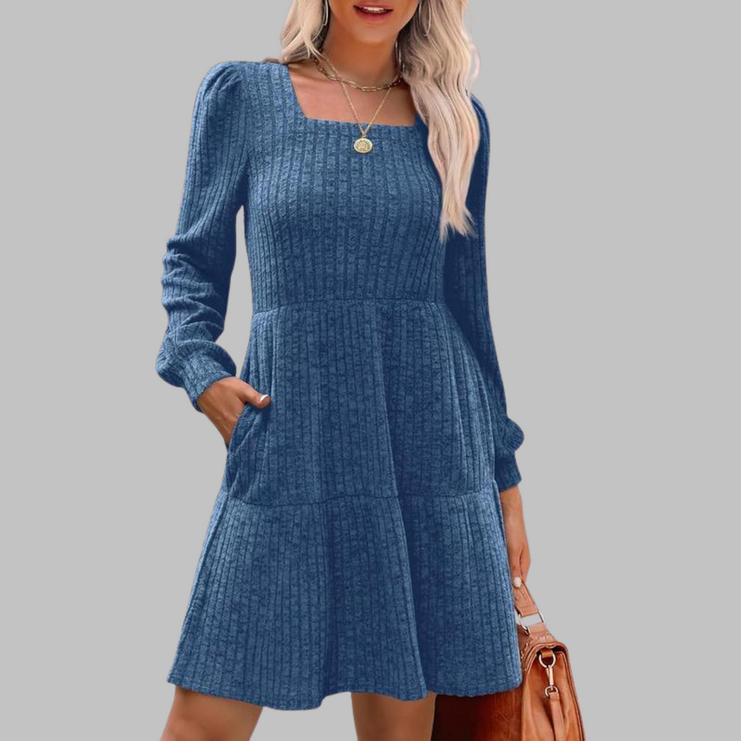 ULAN | Square Neck Ribbed Knit Dress