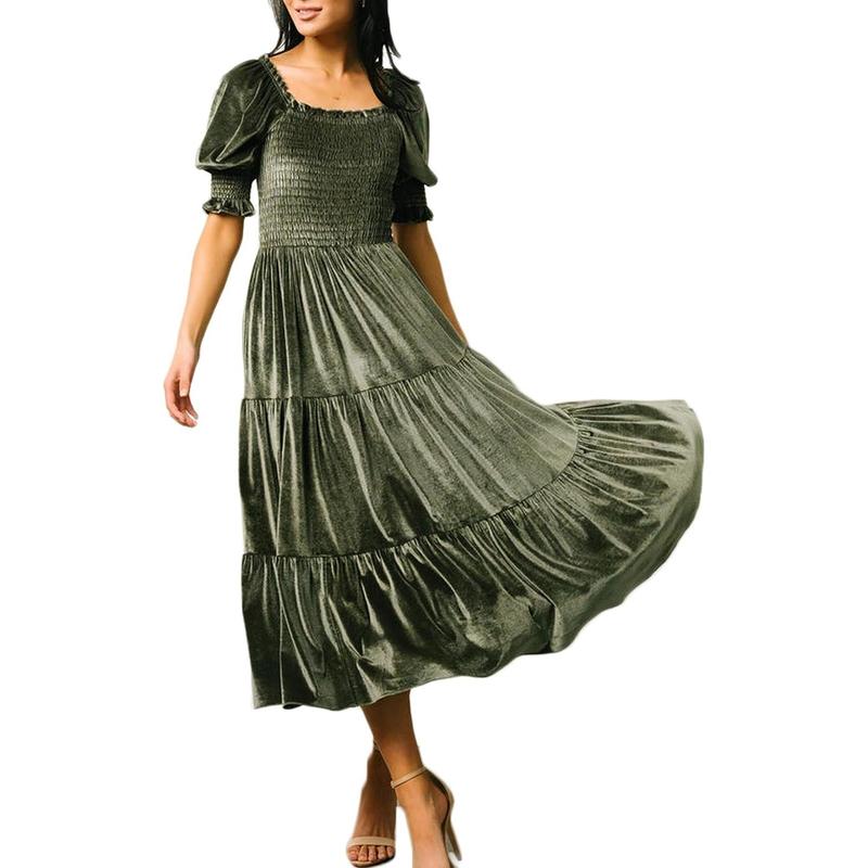 AUDREY | Puff Sleeve A-Line Velvet Midi Dress