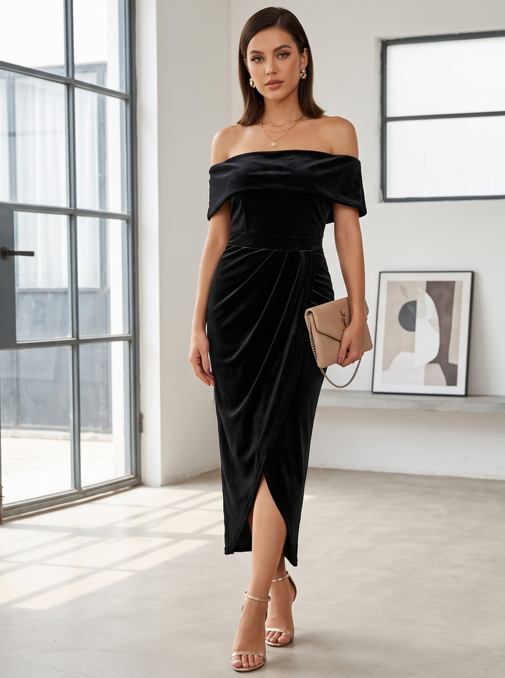 EVELINE | Off-Shoulder Velvet Midi Dress
