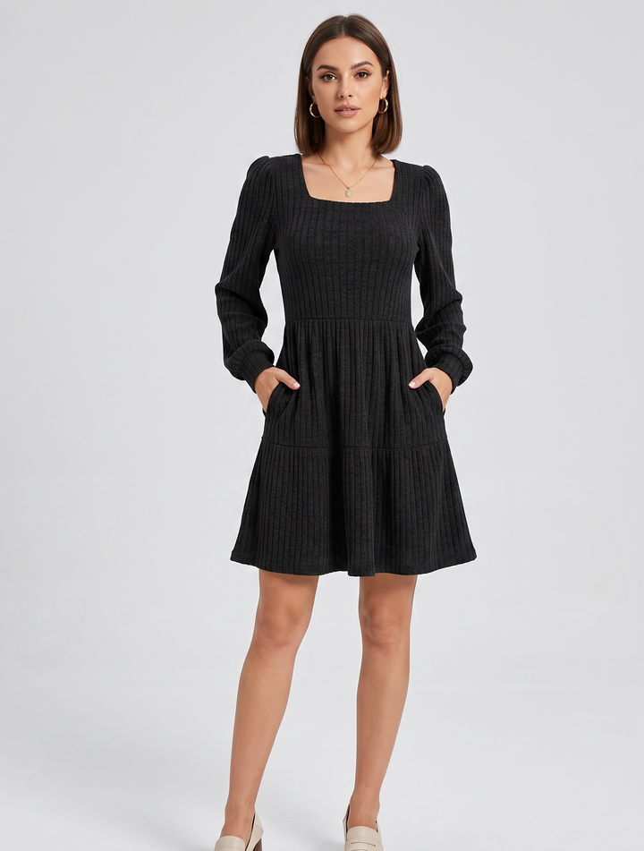 ULAN | Square Neck Ribbed Knit Dress