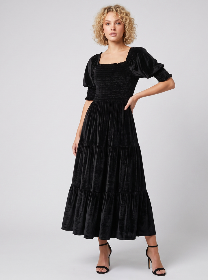 AUDREY | Puff Sleeve A-Line Velvet Midi Dress