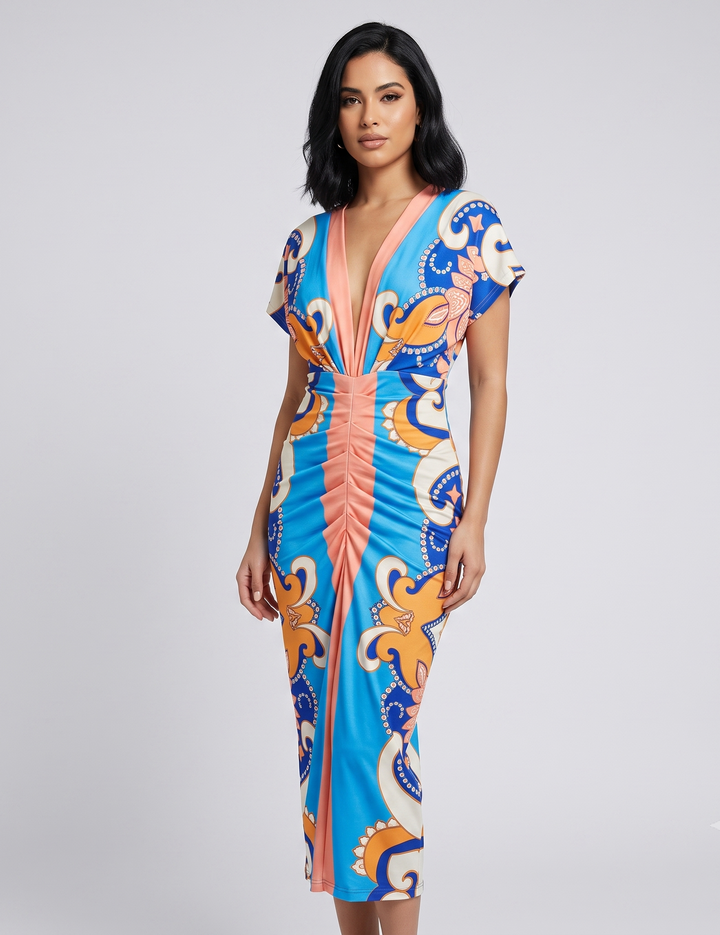 LUCIANA | Printed V-Neck Midi Dress