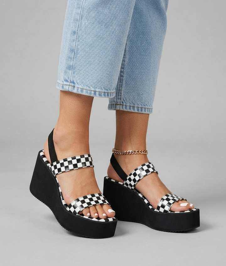 Wayna | Chic Checked Slip-On Wedge Sandals