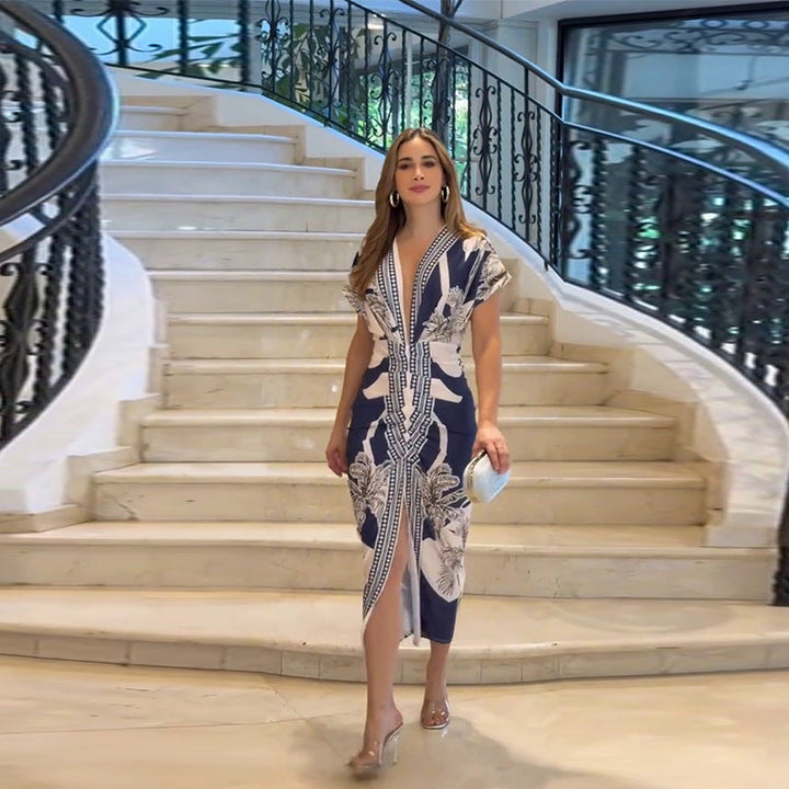 LUCIANA | Printed V-Neck Midi Dress