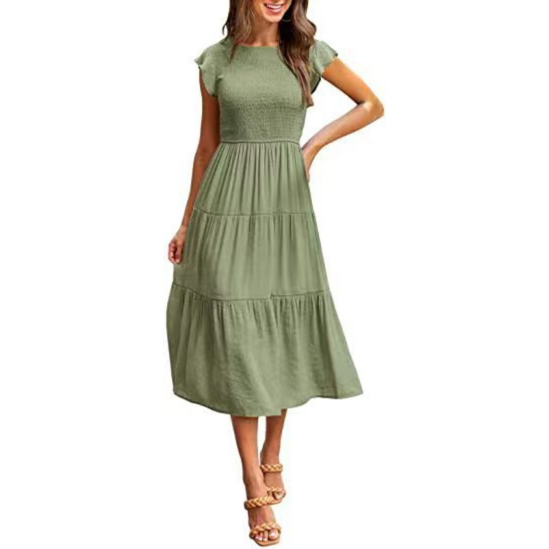 KRISELLE™ - Elegant Flutter Sleeve Smoke Midi Dress