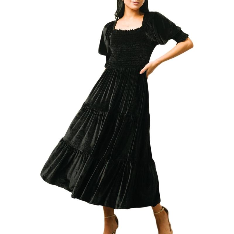 AUDREY | Puff Sleeve A-Line Velvet Midi Dress