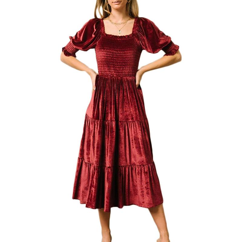 AUDREY | Puff Sleeve A-Line Velvet Midi Dress