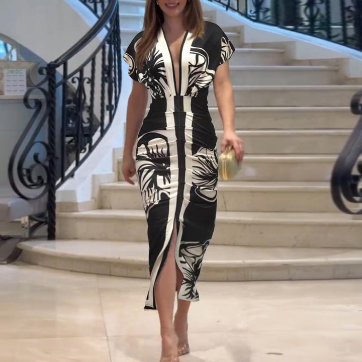 LUCIANA | Printed V-Neck Midi Dress